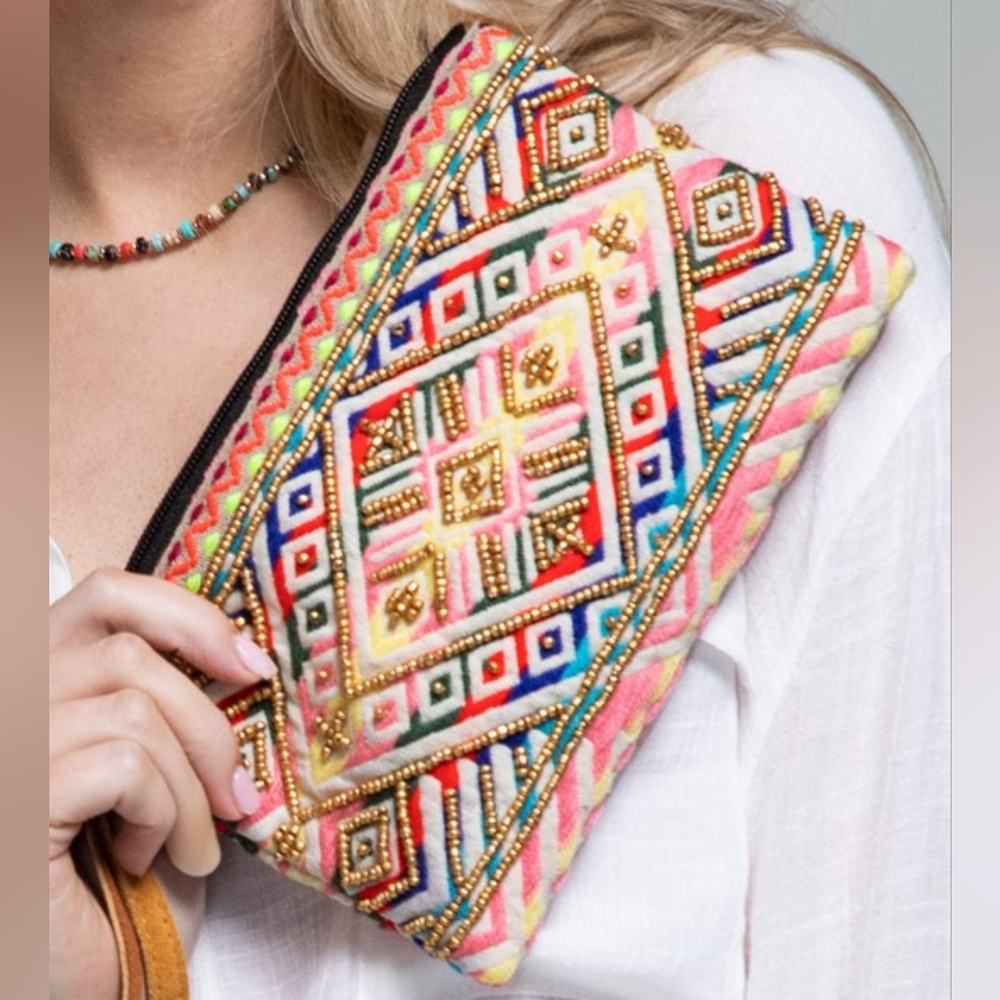 Handmade Hand Beaded Wristlet Clutch - Ethnic Inspired Design - Dyed Fine Cotton